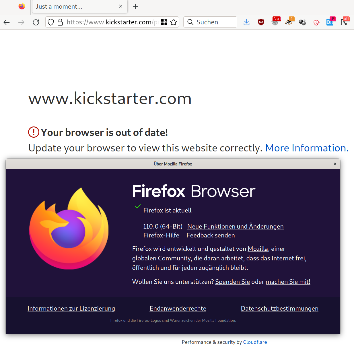screenshot showing a recent firefoxs about window on top of my try to load a kickstarter page blocked by cloudflare